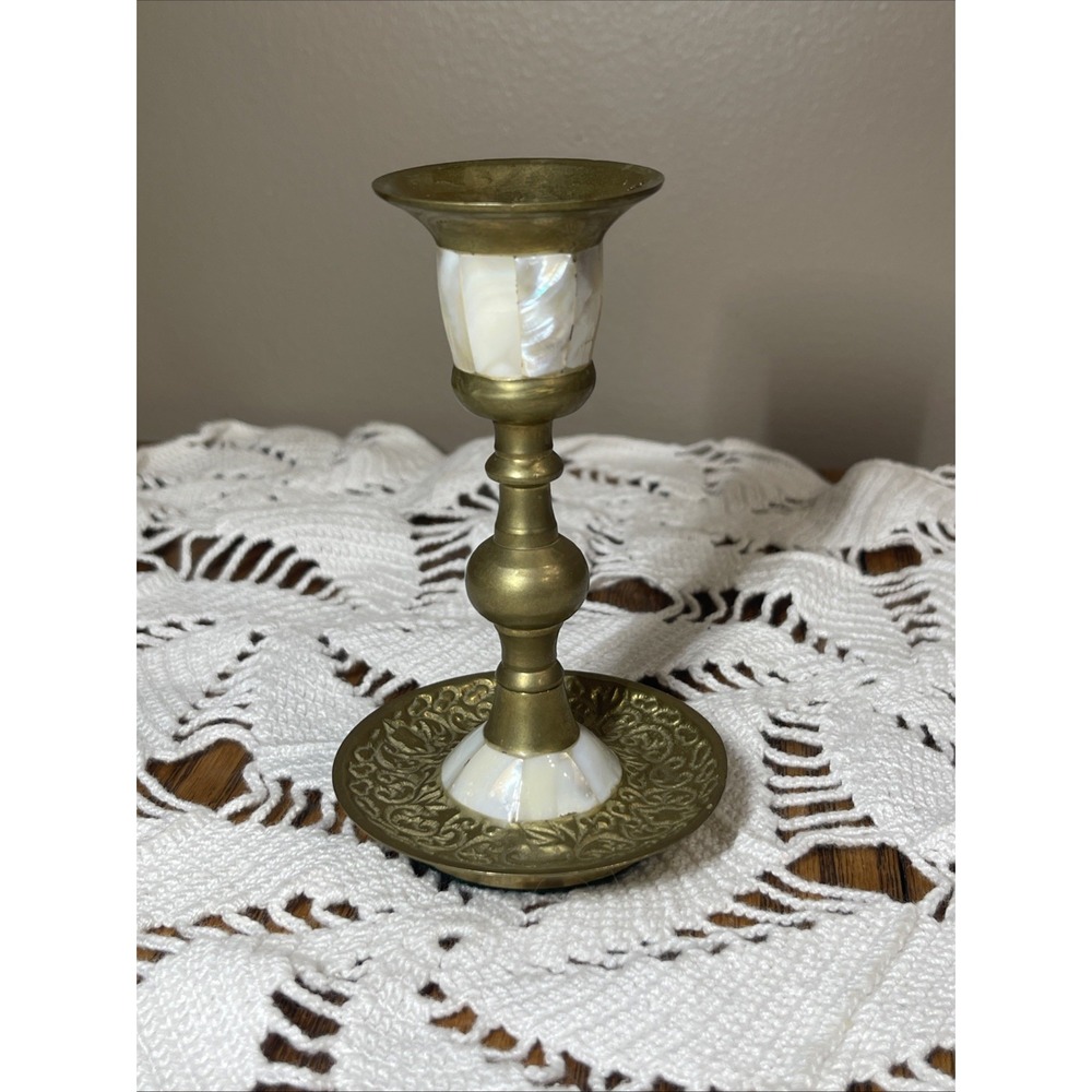 Vintage Mother of Pearl Brass Candlestick Holder Gold Detailed